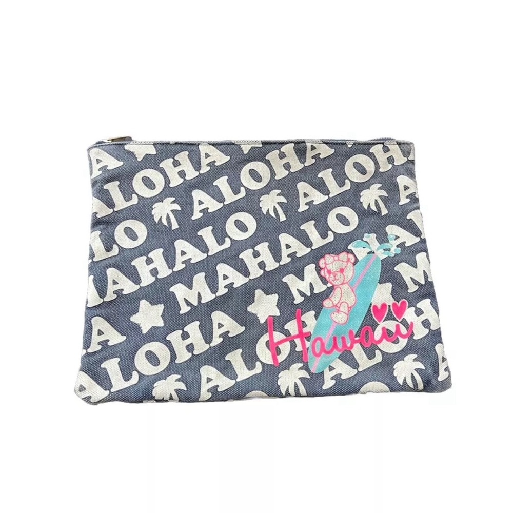 Samantha Thavasa Zipped Pouch Clutch Navy White Canvas Cotton Hawaii Teddy Bear - Picture 6 of 7
